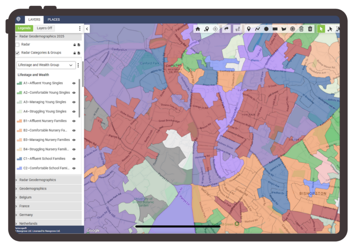 Radar helps you to understand where your customers are based on lifestage or wealth, and a combination of both.